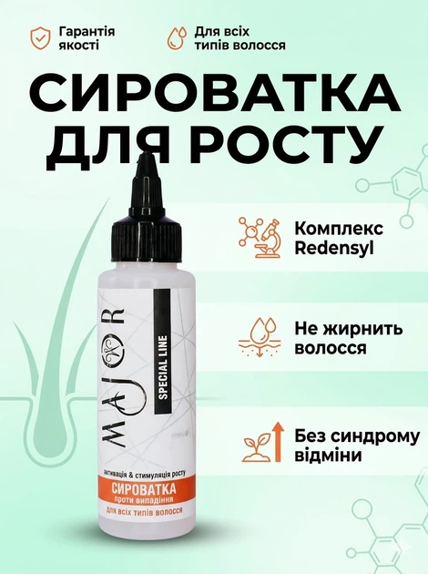 Сироватка для росту волосся та проти випадіння MAJOR з комплексом Redensyl який стимулює стовбурові клітини фулікули та ніацинамідом, 100 мл без синдрому відміни Сироватка для росту волосся та проти випадіння MAJOR з комплексом Redensyl який стимулює стовбурові клітини фулікули та ніацинамідом, 100 мл без синдрому відміни